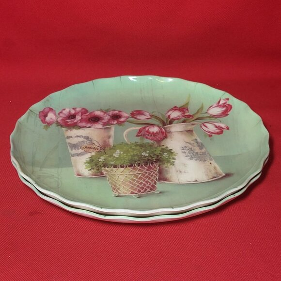 Vintage Melamine Plastic Green Dessert Plates Pink Tulips 8" Set of 2 - Picture 3 of 10